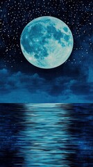 A serene night scene featuring a large blue moon reflecting on tranquil ocean waters under a starry sky.