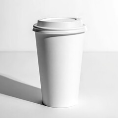 White disposable paper coffee cup with plastic lid on plain background with strong shadow in bright light