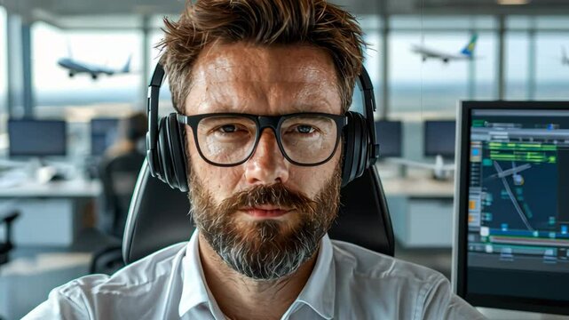 Efficient air traffic controller in modern control tower using advanced technology and monitors.
