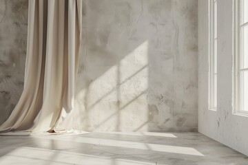 Interior home design white concrete wall with beige curtain sunlight on wall from window