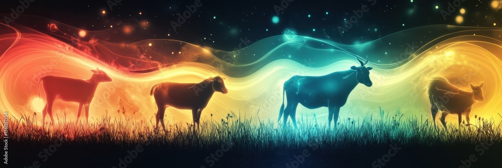 Fototapete surreal abstract farm animals illuminated by glowing energy in a dreamlike atmosphere with smooth gr