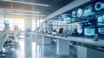 Fototapeta premium Futuristic interior of a spacecraft s command center featuring a high tech control room with multiple displays digital interfaces and advanced monitoring systems