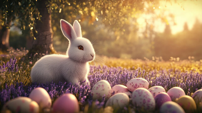 Hello spring celebrating ostara with a hare and colorful eggs in nature