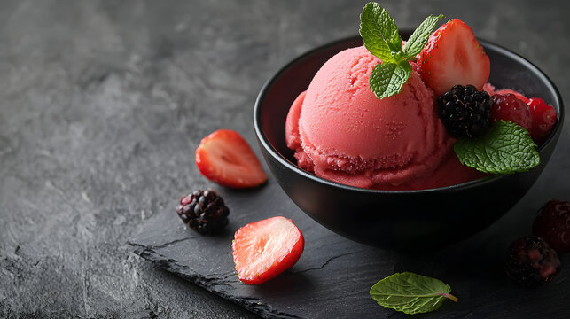 Delicious strawberry sorbet presented in a black bowl with fresh mint and berries on a dark background