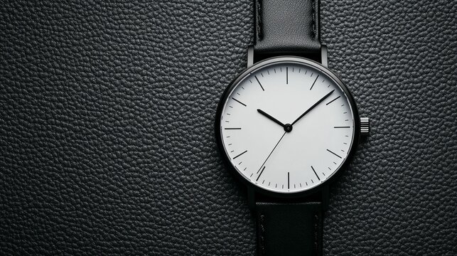 Minimalist black leather wristwatch with white face on dark textured background.