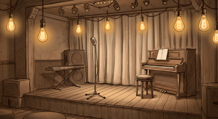 Vintage Piano Stage With Warm Lighting