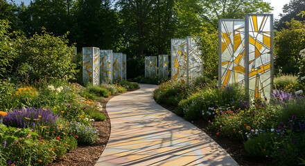 Obraz premium Colorful Garden Pathway With Glass Panels