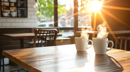 Peaceful interior of a cozy caf with wooden tables chairs and steaming cups of coffee bathed in warm sunlight streaming through the window