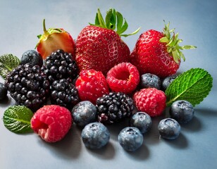 Obraz premium A vibrant assortment of fresh berries, including plump blueberries, juicy raspberries, glossy blackberries, and ripe strawberries, arranged in a visually appealing composition. 