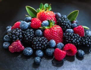 A vibrant assortment of fresh berries, including plump blueberries, juicy raspberries, glossy blackberries, and ripe strawberries, arranged in a visually appealing composition. 