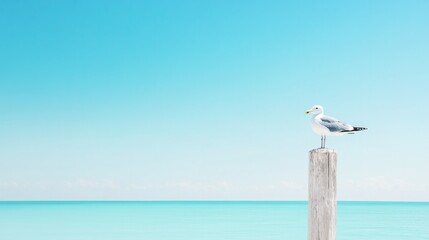 solitary seagull gracefully perched on weathered wooden post by tranquil ocean with vast expanse of clear blue sky