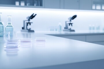 tranquil laboratory setting with sterilized countertops holds scattered petri dishes under soft lighting signifying