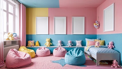 Vibrant Pastel-Themed Nursery Mockup. Mockup for artwork and posters in a pastel kids' bedroom.
