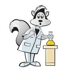 a cartoon skunk keeping a beaker on stool vector art