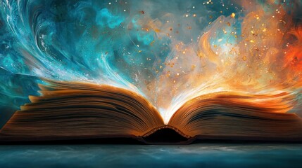 An open book releasing a powerful colorful energy stream upwards