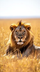 Obraz premium Lion resting peacefully in golden grasses under sunlight. Vertical