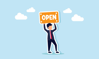 A businessman holds up a sign that says OPEN, illustration of socialization and education about openness in accepting investors