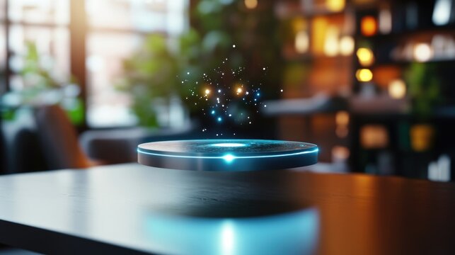 Futuristic hovering disc with glowing particles in modern interior setting - Powered by Adobe
