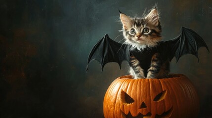 Adorable kitten dressed as bat in pumpkin for halloween. Halloween, All Hallows Eve, Samhain - Spooky Holiday Season, Fall Festival Celebration