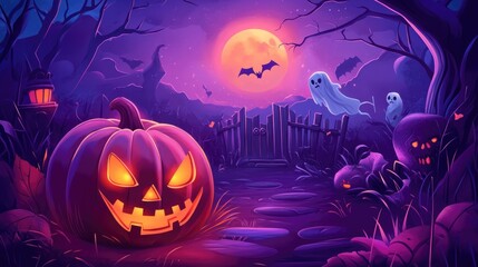 Fototapeta premium Spooky halloween night with glowing jack-o'-lantern and ghosts under full moon. Halloween, All Hallows Eve, Samhain - Spooky Holiday Season, Fall Festival Celebration