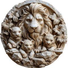 Stone carving of a lion and cubs surrounded by flowers in circular relief