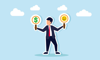 A businessman holds two boards in each hand, featuring a happy emoticon and a dollar sign, illustration of two choices between gaining profit or increasing market attention