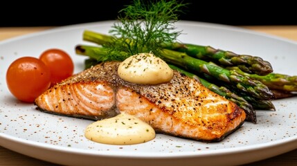 Grilled Salmon with Asparagus  Tomatoes   Sauce   Delicious Dinner Plate