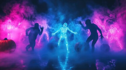 Silhouetted figures dancing with neon skeletons in foggy neon glow. Halloween, All Hallows Eve, Samhain - Spooky Holiday Season, Fall Festival Celebration