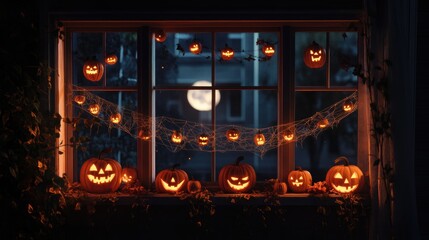 Obraz premium Halloween night decorative pumpkins with jack-o'-lanterns on windowsill. Halloween, All Hallows Eve, Samhain - Spooky Holiday Season, Fall Festival Celebration