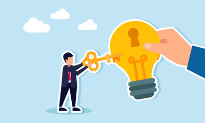 A businessman intends to insert a key into a hole on a light bulb handed by another hand, illustration of a solution to gain business ideas and innovations
