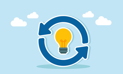 The recycle symbol surrounds a light bulb, illustration of a refresh related to business ideas and innovations