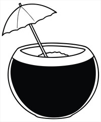 A black and white,a coconut shell filled with a drink