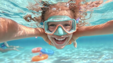 Naklejka premium Young girl with a big smile on her face swimming underwater and exploring the vibrant blue ocean with her snorkel mask on having a fun adventurous aquatic experience