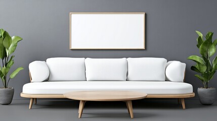 Minimalist living room showcasing sofa frame blank poster and plants