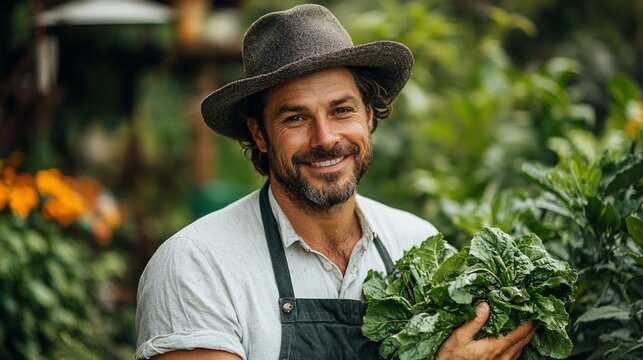 Happy Farmer Holds Fresh Greens in Garden