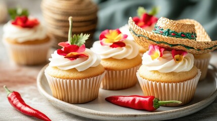 Festive cupcakes with floral decorations and mini sombrero. Cinco de Mayo, Battle of Puebla Day, Mexican Heritage Festival - Latin American Cultural Celebration