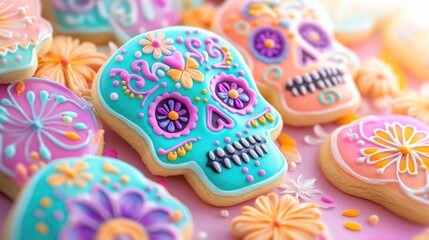 Colorful day of the dead sugar skull cookies with floral decorations. Cinco de Mayo, Battle of Puebla Day, Mexican Heritage Festival - Latin American Cultural Celebration