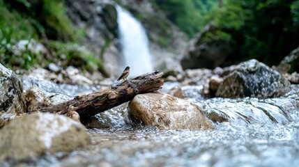 Serene Waterfall Scene  Bird on Log  River Rocks  Nature Photography