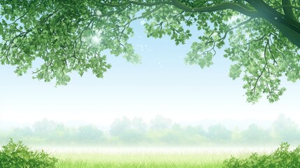 Fototapeta premium Majestic green tree with lush foliage in a serene grassy field 
