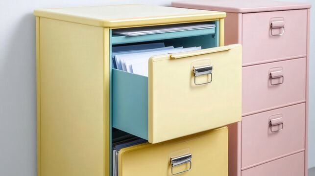 Colorful File Cabinets with Documents in Drawer