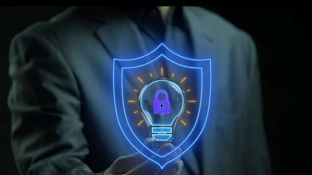Strategic innovation concept, systematic process for developing and implementing new ideas and products that help an organization grow and compete. Intellectual property icon on virtual screen.