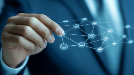 Businessman connecting a network of digital devices for seamless integration and technological advancement