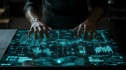 A person's hands hover over a futuristic, interactive touchscreen displaying dynamic data graphs and charts in teal. The scene is dark and moody, emphasizing the technology.
