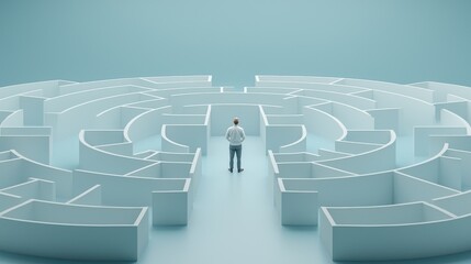 A solitary person standing in the center of an intricate architectural maze or labyrinth with geometric patterns shapes and a minimalist monochromatic color scheme