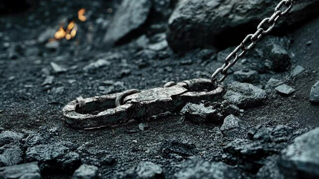 Rusty shackles in rocky terrain depicting freedom and confinement