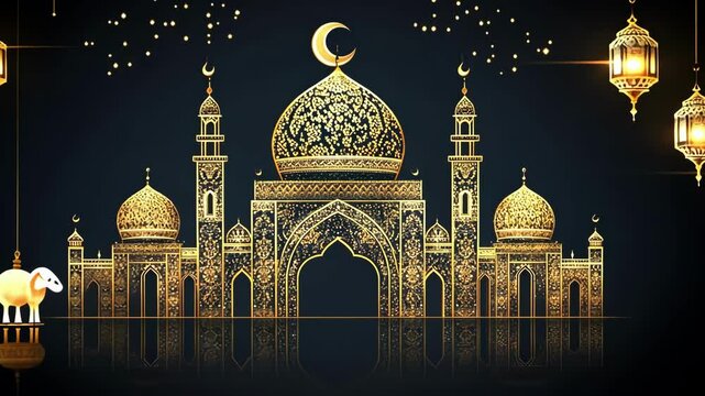 Ornate gold mosque with lanterns and crescent moon on night sky. Eid al-Adha Mubarak. Kurban Bayram