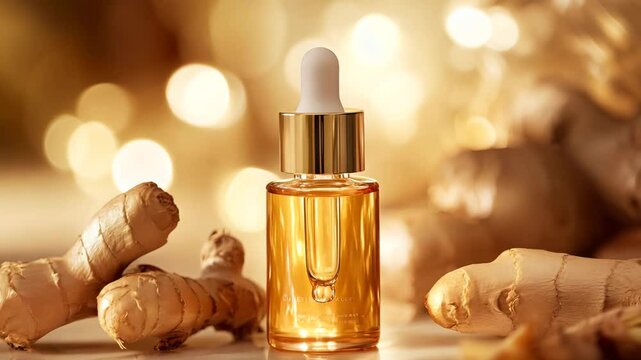A luxurious bottle of ginger essential oil surrounded by fresh ginger roots, illuminated by a golden, glowing background. The warm and elegant composition highlights the natural benefits of ginger 