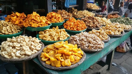 Various dried food items are displayed in an open market stall