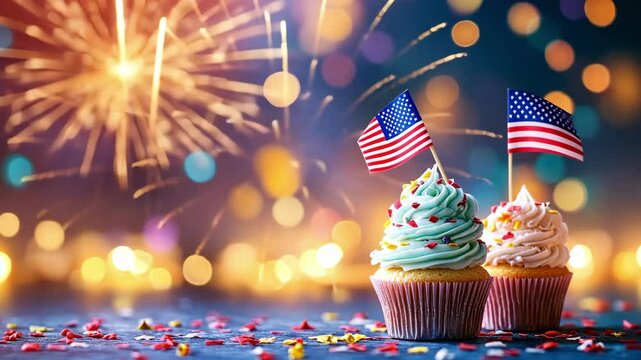 Festive celebration with cupcakes and american flags amidst fireworks and colorful lights Happy 4th of July, Independence Day USA