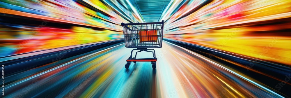 Poster Grocery cart speeds through supermarket aisle in a colorful and dynamic burst of energy Generative AI